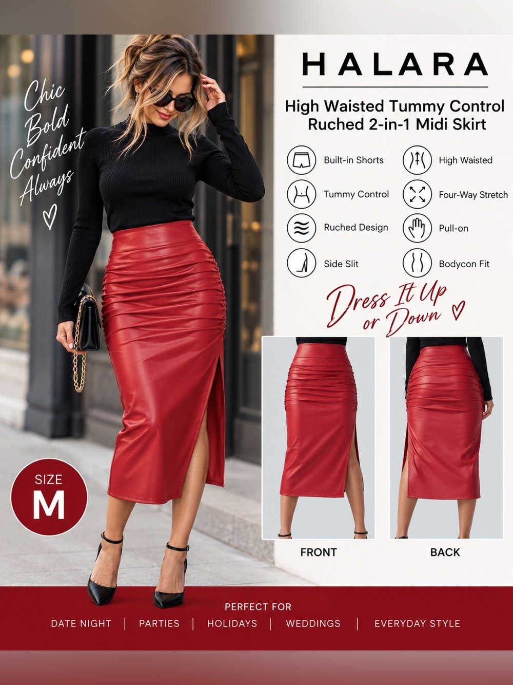 Halara Red Faux Leather Ruched 2-in-1 Midi Skirt Side Slit M NWOT